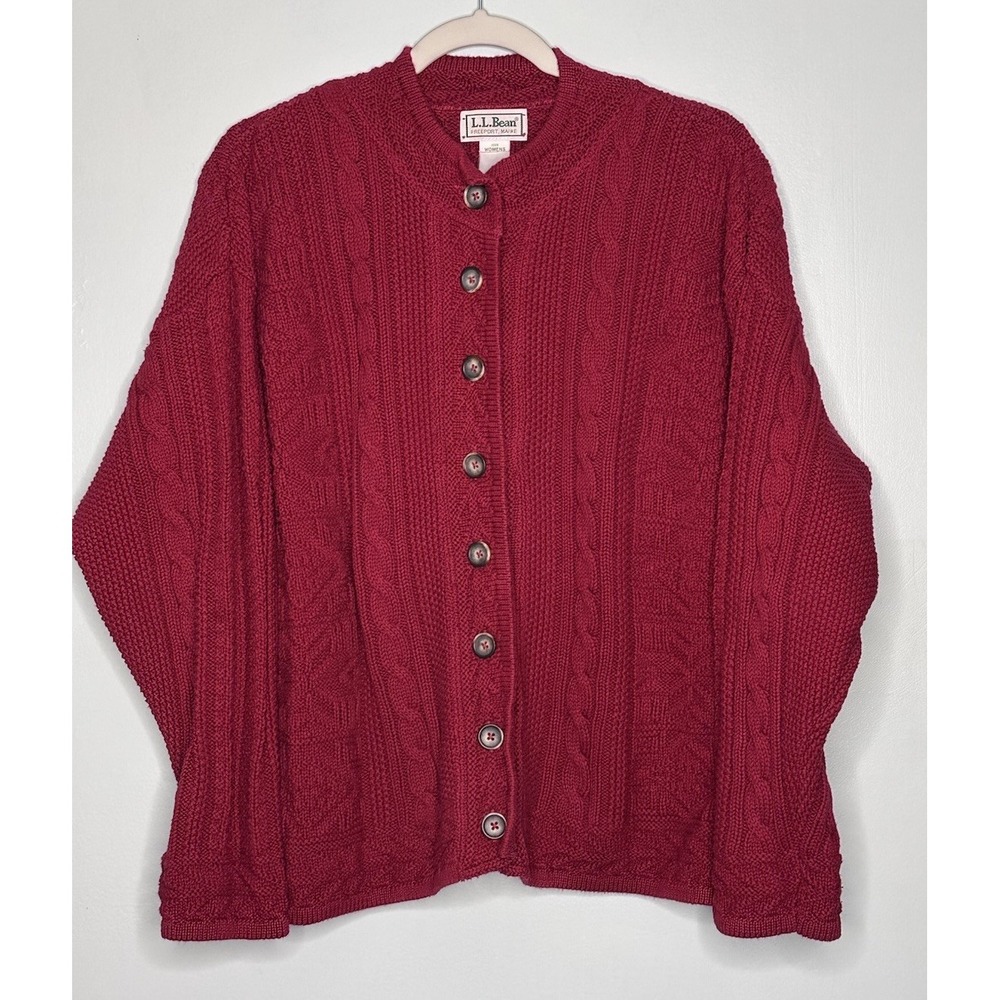 Vintage L.L.Bean Cable Knit Cardigan Sweater Women's Large Red Preppy Fisherman